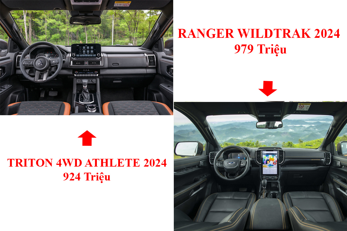 So sánh xe bán tải Mitsubishi Triton 2024 với Ford Ranger 2024 phần nội thất