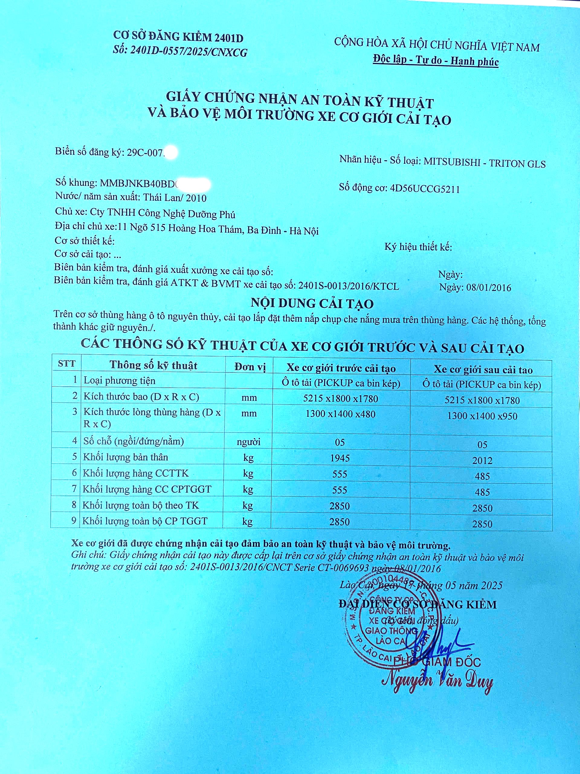 Giấy chứng nhận cải tạo xe bán tải Triton